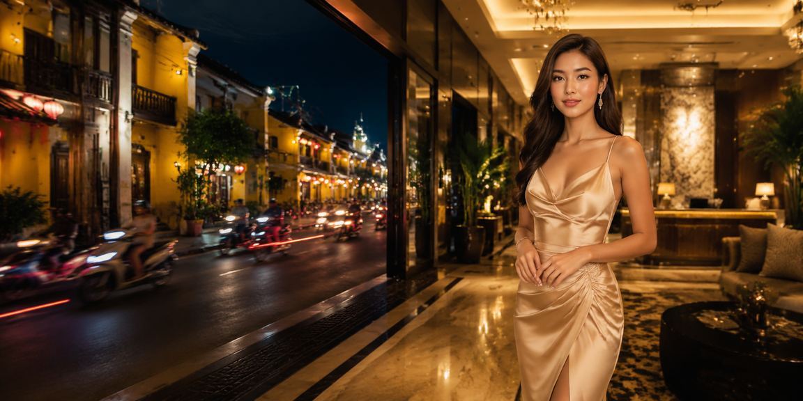 Cảnh đêm Hội An với bảng đèn neon quảng cáo ưu đãi đăng ký hấp dẫn