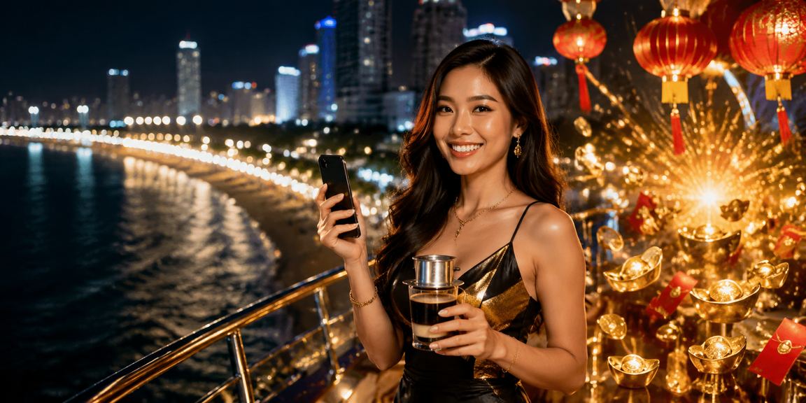 Người nhận phong bì thưởng đỏ bên ly cà phê Việt Nam tại Nha Trang